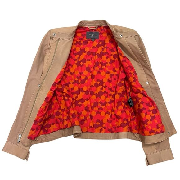 Cole Haan Lamb Leather Moto Jacket Zip Front Collarless Tan Nude Brown Women’s M - Picture 8 of 12